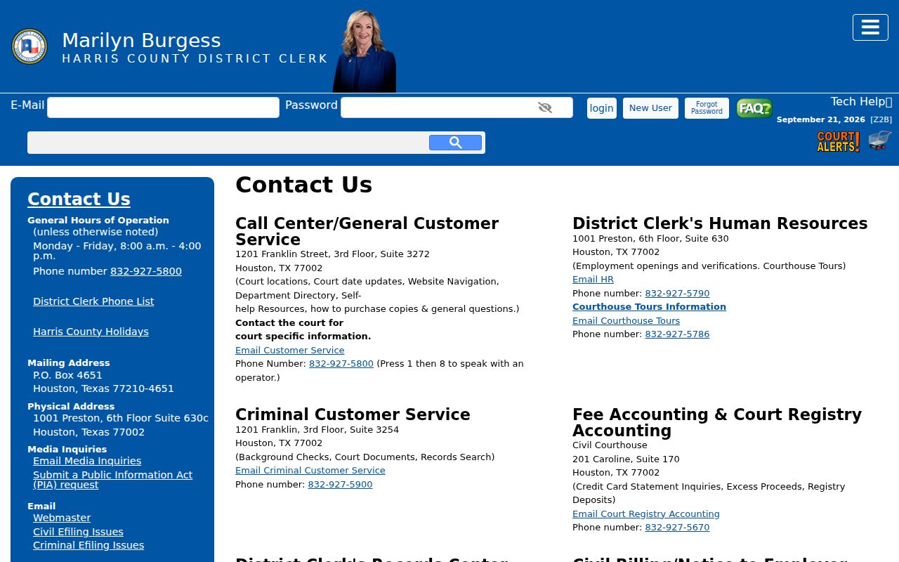 Harris County warrant records and District Clerk contact locations