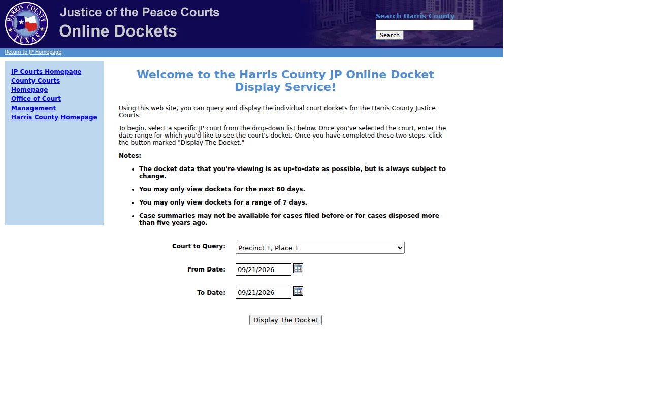 Harris County JP bench warrant docket search fields