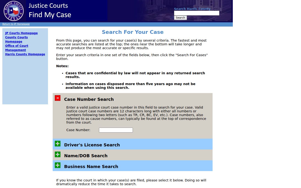 Harris County Justice Court case search for bench warrant records