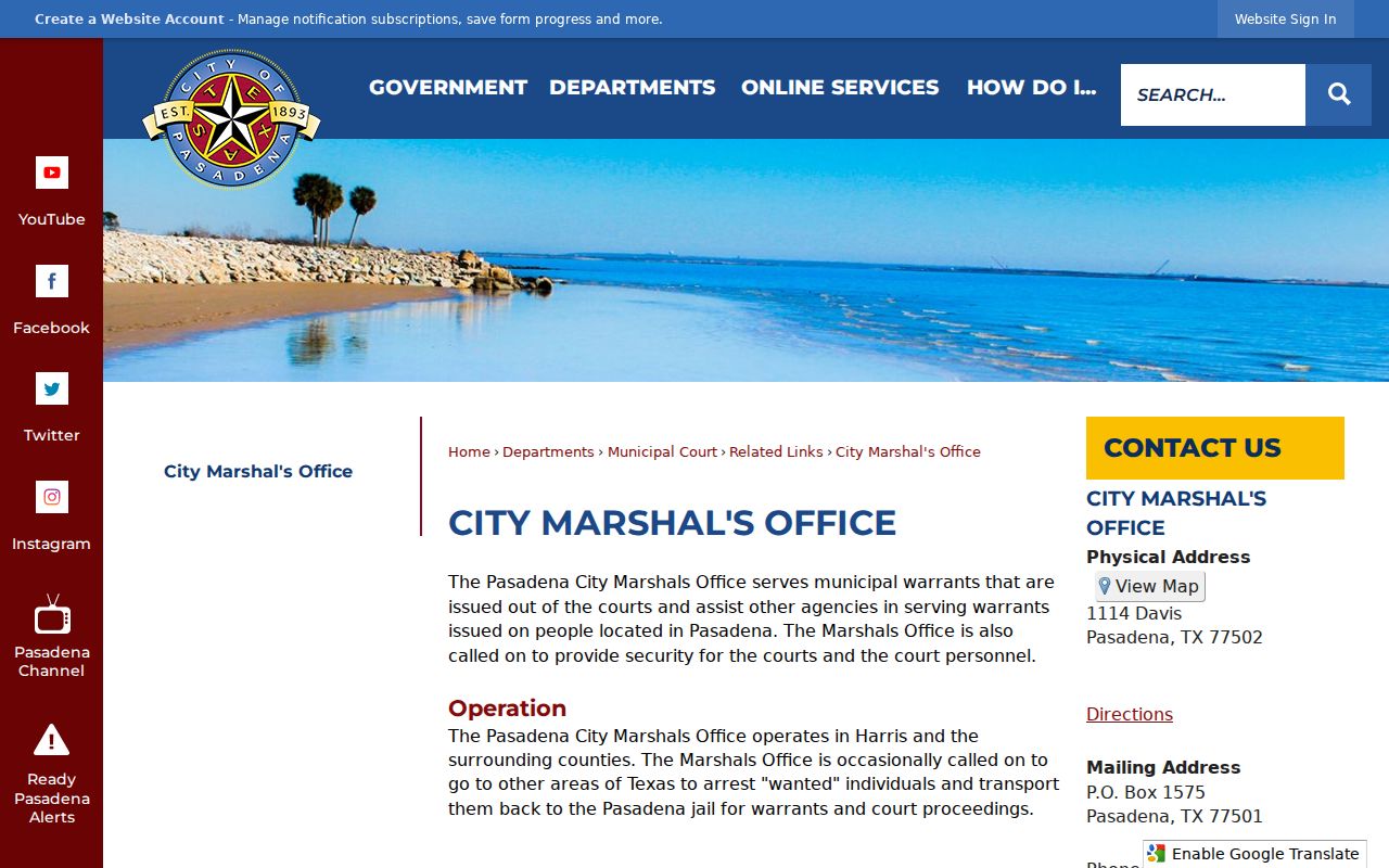 Harris County Pasadena City Marshals Office information for Pasadena warrant records