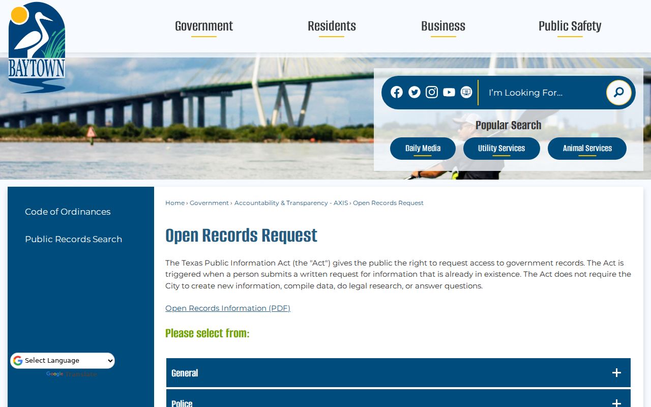Harris County Baytown open-record instructions for Baytown warrant records