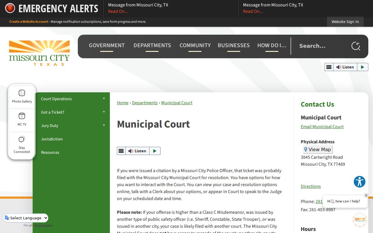 Harris County Missouri City Municipal Court information for Missouri City warrant records