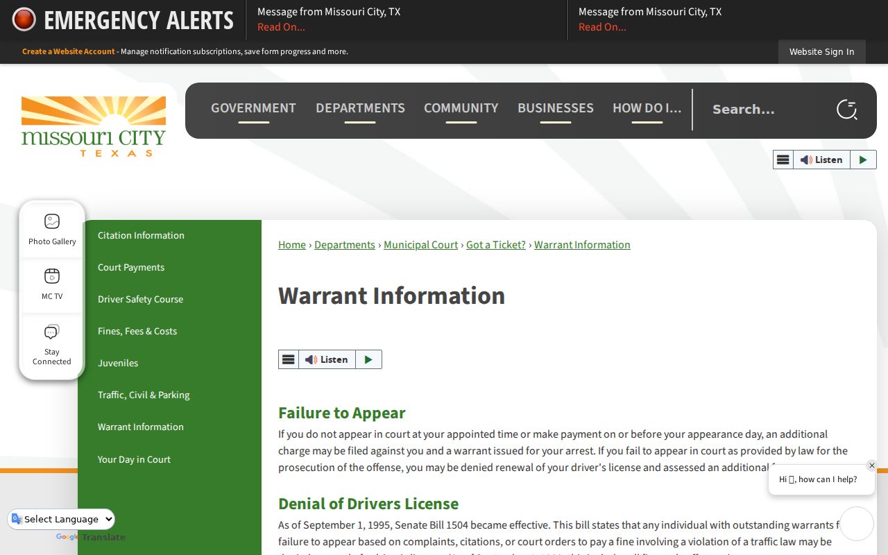 Harris County Missouri City warrant information for Missouri City warrant records