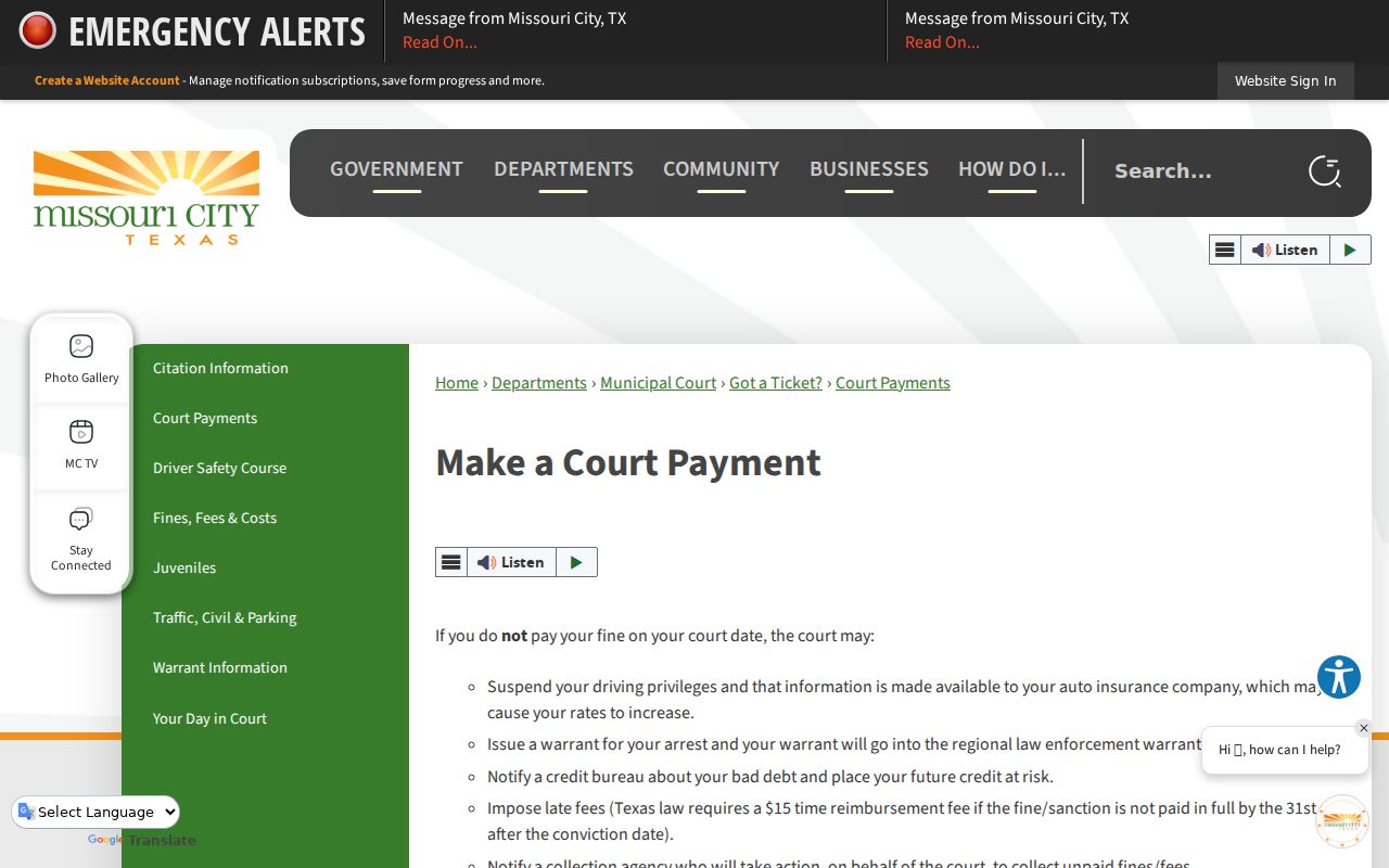 Harris County Missouri City Municipal Court payment routes for Missouri City warrant records