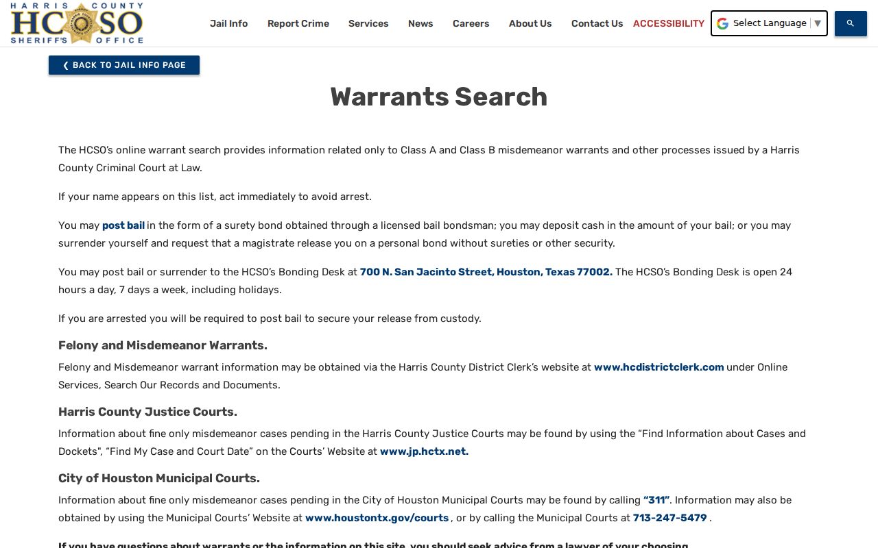 Harris County warrant search landing page