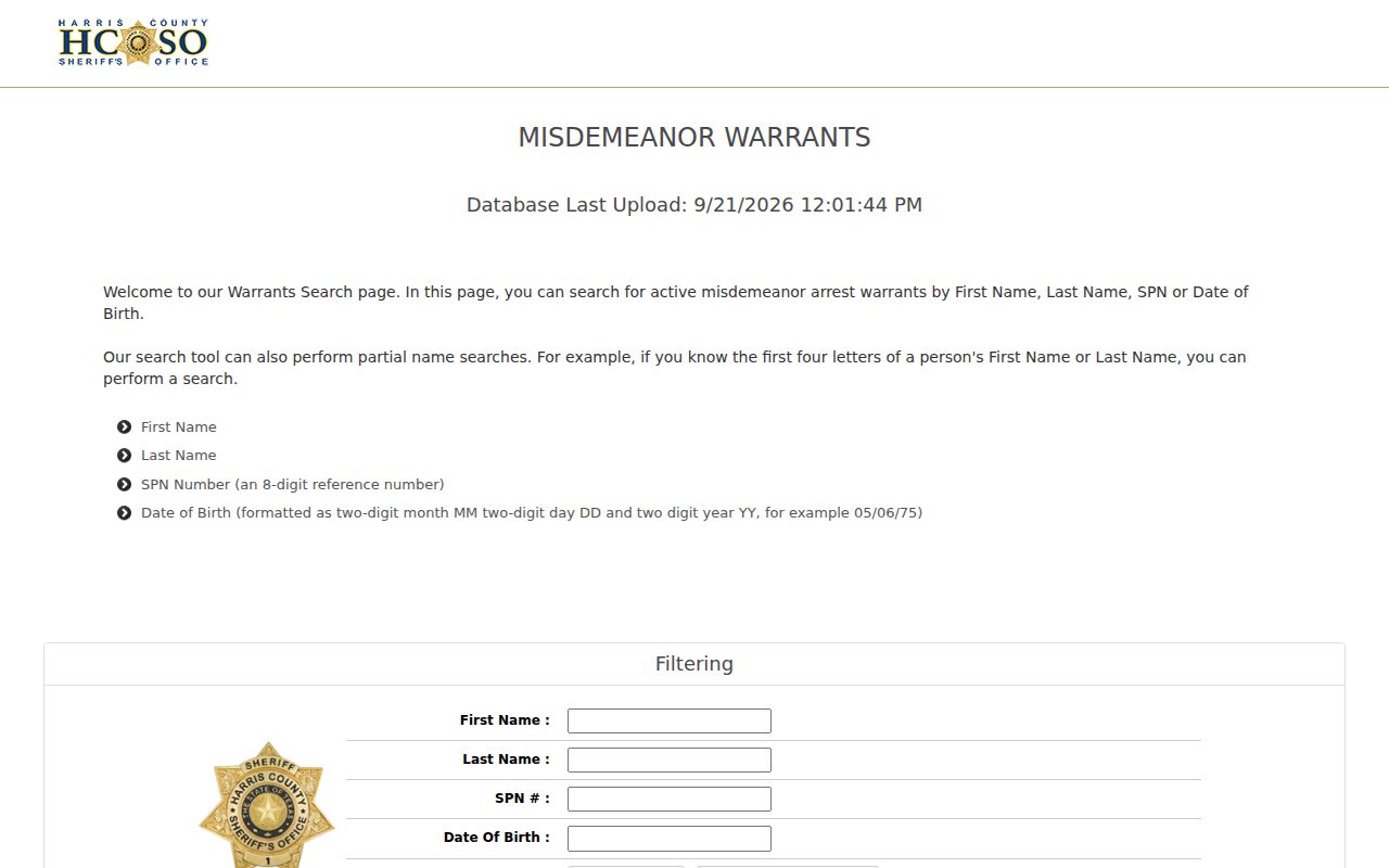 Harris County warrant search form and result headings